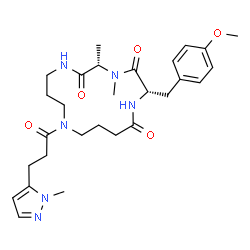 ChemSpider 2D Image | (2S,5S)-2-(4-Methoxybenzyl)-4,5-dimethyl-11-[3-(1-methyl-1H-pyrazol-5-yl)propanoyl]-1,4,7,11-tetraazacyclopentadecane-3,6,15-trione | C28H40N6O5