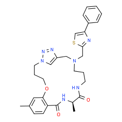ChemSpider 2D Image | (14R)-8,14-Dimethyl-20-[(4-phenyl-1,3-thiazol-2-yl)methyl]-5-oxa-1,13,16,20,23,24-hexaazatricyclo[20.2.1.0~6,11~]pentacosa-6,8,10,22(25),23-pentaene-12,15-dione | C30H35N7O3S