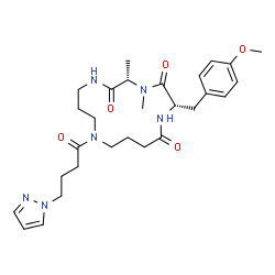 ChemSpider 2D Image | (2S,5S)-2-(4-Methoxybenzyl)-4,5-dimethyl-11-[4-(1H-pyrazol-1-yl)butanoyl]-1,4,7,11-tetraazacyclopentadecane-3,6,15-trione | C28H40N6O5