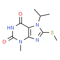 ChemSpider 2D Image | 7-Isopropyl-3-methyl-8-(methylsulfanyl)-3,7-dihydro-1H-purine-2,6-dione | C10H14N4O2S