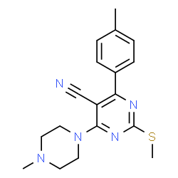 ChemSpider 2D Image | 4-(4-Methylphenyl)-6-(4-methyl-1-piperazinyl)-2-(methylsulfanyl)-5-pyrimidinecarbonitrile | C18H21N5S