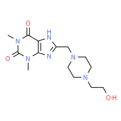 ChemSpider 2D Image | 8-{[4-(2-Hydroxyethyl)-1-piperazinyl]methyl}-1,3-dimethyl-3,7-dihydro-1H-purine-2,6-dione | C14H22N6O3
