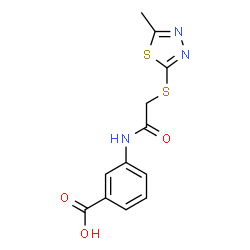 ChemSpider 2D Image | 3-({[(5-Methyl-1,3,4-thiadiazol-2-yl)sulfanyl]acetyl}amino)benzoic acid | C12H11N3O3S2