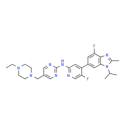 ChemSpider 2D Image | 5-[(4-Ethyl-1-piperazinyl)methyl]-N-[5-fluoro-4-(4-fluoro-1-isopropyl-2-methyl-1H-benzimidazol-6-yl)-2-pyridinyl]-2-pyrimidinamine | C27H32F2N8