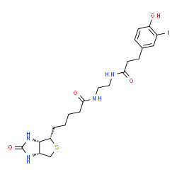 ChemSpider 2D Image | N-(2-{[3-(4-Hydroxy-3-iodophenyl)propanoyl]amino}ethyl)-5-[(3aS,4S,6aR)-2-oxohexahydro-1H-thieno[3,4-d]imidazol-4-yl]pentanamide | C21H29IN4O4S