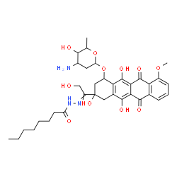 ChemSpider 2D Image | N'-(1-{4-[(3-Amino-2,3,6-trideoxyhexopyranosyl)oxy]-2,5,12-trihydroxy-7-methoxy-6,11-dioxo-1,2,3,4,6,11-hexahydro-2-tetracenyl}-2-hydroxyethylidene)octanehydrazide | C35H45N3O11