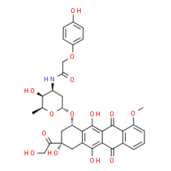 ChemSpider 2D Image | (1S,3S)-3-Glycoloyl-3,5,12-trihydroxy-10-methoxy-6,11-dioxo-1,2,3,4,6,11-hexahydro-1-tetracenyl 2,3,6-trideoxy-3-{[(4-hydroxyphenoxy)acetyl]amino}-alpha-L-lyxo-hexopyranoside | C35H35NO14