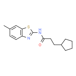 ChemSpider 2D Image | 3-Cyclopentyl-N-(6-methyl-1,3-benzothiazol-2-yl)propanamide | C16H20N2OS