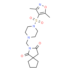 ChemSpider 2D Image | 2-({4-[(3,5-Dimethyl-1,2-oxazol-4-yl)sulfonyl]-1-piperazinyl}methyl)-2-azaspiro[4.4]nonane-1,3-dione | C18H26N4O5S
