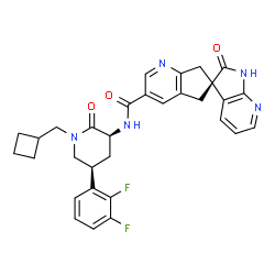 ChemSpider 2D Image | (6S)-N-[(3S,5S)-1-(Cyclobutylmethyl)-5-(2,3-difluorophenyl)-2-oxo-3-piperidinyl]-2'-oxo-1',2',5,7-tetrahydrospiro[cyclopenta[b]pyridine-6,3'-pyrrolo[2,3-b]pyridine]-3-carboxamide | C31H29F2N5O3