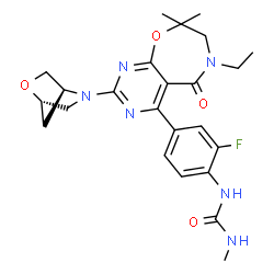 ChemSpider 2D Image | 1-(4-{6-Ethyl-8,8-dimethyl-2-[(1S,4S)-2-oxa-5-azabicyclo[2.2.1]hept-5-yl]-5-oxo-5,6,7,8-tetrahydropyrimido[5,4-f][1,4]oxazepin-4-yl}-2-fluorophenyl)-3-methylurea | C24H29FN6O4