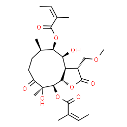 ChemSpider 2D Image | (3R,3aR,4S,5R,6R,10R,11R,11aS)-4,10-Dihydroxy-3-(methoxymethyl)-6,10-dimethyl-2,9-dioxododecahydrocyclodeca[b]furan-5,11-diyl (2Z,2'Z)bis(2-methyl-2-butenoate) | C26H38O10