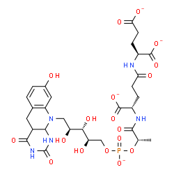 ChemSpider 2D Image | 5-O-({[(2S)-1-{[(1S)-1-Carboxylato-4-{[(1S)-1,3-dicarboxylatopropyl]amino}-4-oxobutyl]amino}-1-oxo-2-propanyl]oxy}phosphinato)-1-deoxy-1-(8-hydroxy-2,4-dioxo-1,3,4,4a,5,10a-hexahydropyrimido[4,5-b]qui
nolin-10(2H)-yl)-D-ribitol | C29H36N5O18P