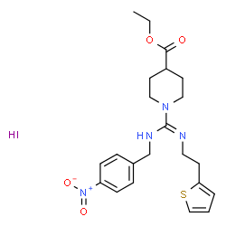 ChemSpider 2D Image | Ethyl 1-{N-(4-nitrobenzyl)-N'-[2-(2-thienyl)ethyl]carbamimidoyl}-4-piperidinecarboxylate hydroiodide (1:1) | C22H29IN4O4S