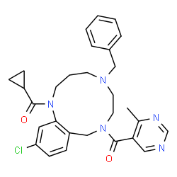 ChemSpider 2D Image | [5-Benzyl-12-chloro-1-(cyclopropylcarbonyl)-1,2,3,4,5,6,7,9-octahydro-8H-1,5,8-benzotriazacycloundecin-8-yl](4-methyl-5-pyrimidinyl)methanone | C29H32ClN5O2