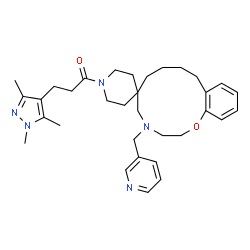 ChemSpider 2D Image | 1-[4-(3-Pyridinylmethyl)-2,3,4,5,7,8,9,10-octahydro-1'H-spiro[1,4-benzoxazacyclododecine-6,4'-piperidin]-1'-yl]-3-(1,3,5-trimethyl-1H-pyrazol-4-yl)-1-propanone | C33H45N5O2