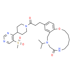 ChemSpider 2D Image | 10-Isopropyl-13-(3-{4-[5-(methylsulfonyl)-4-pyrimidinyl]-1-piperidinyl}-3-oxopropyl)-2,3,4,5,6,7,10,11-octahydro-1,7,10-benzoxadiazacyclotridecin-8(9H)-one | C30H43N5O5S