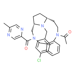 ChemSpider 2D Image | 1-{(1S,14R)-17-(4-Chlorobenzyl)-3-[(5-methyl-2-pyrazinyl)carbonyl]-3,11,17-triazatricyclo[12.2.1.0~5,10~]heptadeca-5,7,9-trien-11-yl}ethanone | C29H32ClN5O2