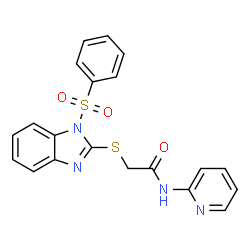 ChemSpider 2D Image | 2-{[1-(Phenylsulfonyl)-1H-benzimidazol-2-yl]sulfanyl}-N-(2-pyridinyl)acetamide | C20H16N4O3S2