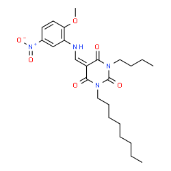 ChemSpider 2D Image | (5E)-1-Butyl-5-{[(2-methoxy-5-nitrophenyl)amino]methylene}-3-octyl-2,4,6(1H,3H,5H)-pyrimidinetrione | C24H34N4O6
