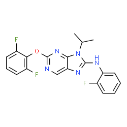 ChemSpider 2D Image | 2-(2,6-Difluorophenoxy)-N-(2-fluorophenyl)-9-isopropyl-9H-purin-8-amine | C20H16F3N5O