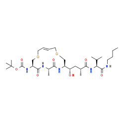 ChemSpider 2D Image | 2-Methyl-2-propanyl {(3R,6S,9R,13E)-3-[(1S,3R)-4-{[(2S)-1-(butylamino)-3-methyl-1-oxo-2-butanyl]amino}-1-hydroxy-3-methyl-4-oxobutyl]-6-methyl-5,8-dioxo-1,11-dithia-4,7-diazacyclopentadec-13-en-9-yl}c
arbamate | C31H55N5O7S2