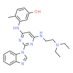 ChemSpider 2D Image | 3-{[2-(1H-Benzimidazol-1-yl)-6-{[2-(diethylamino)ethyl]amino}-4-pyrimidinyl]amino}-4-methylphenol | C24H29N7O