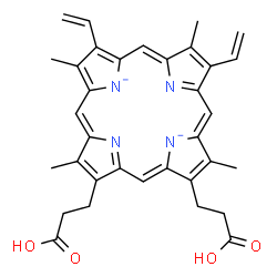 ChemSpider 2D Image | 2,18-Bis(2-carboxyethyl)-3,8,13,17-tetramethyl-7,12-divinylporphine-21,23-diide | C34H32N4O4
