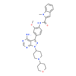 ChemSpider 2D Image | N-(4-{4-Amino-1-[1-(tetrahydro-2H-pyran-4-yl)-4-piperidinyl]-1H-pyrazolo[3,4-d]pyrimidin-3-yl}-2-methoxyphenyl)-1-methyl-1H-indole-2-carboxamide | C32H36N8O3
