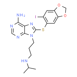 ChemSpider 2D Image | 8-((6-iodobenzo[d][1,3]dioxol-5-yl)thio)-9-(3-(isopropylamino)propyl)-9H-purin-6-amine | C18H21IN6O2S