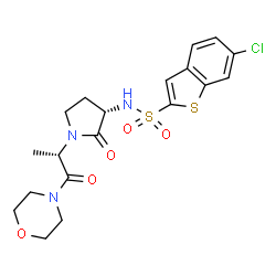 ChemSpider 2D Image | 6-Chloro-N-{(3S)-1-[(2S)-1-(4-morpholinyl)-1-oxo-2-propanyl]-2-oxo-3-pyrrolidinyl}-1-benzothiophene-2-sulfonamide | C19H22ClN3O5S2