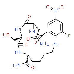 ChemSpider 2D Image | (6S,9S,12S)-12-(2-Amino-2-oxoethyl)-18-fluoro-9-(hydroxymethyl)-16-nitro-8,11,14-trioxo-1,2,3,4,5,6,7,8,9,10,11,12,13,14-tetradecahydro-1,7,10,13-benzotetraazacyclohexadecine-6-carboxamide | C20H26FN7O8