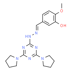 ChemSpider 2D Image | 5-[(E)-{[4,6-Di(1-pyrrolidinyl)-1,3,5-triazin-2-yl]hydrazono}methyl]-2-methoxyphenol | C19H25N7O2