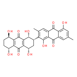 ChemSpider 2D Image | (1R,2S,4S,5R,8R)-1,1',4,5,5',8-Hexahydroxy-3',7'-dimethyl-1,2,3,4,5,6,7,8-octahydro-2,2'-bianthracene-9,9',10,10'-tetrone | C30H26O10