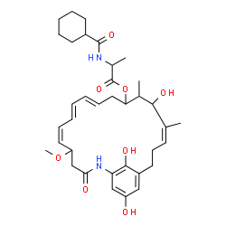 ChemSpider 2D Image | (6Z,8E,10E,16Z)-15,22,24-Trihydroxy-5-methoxy-14,16-dimethyl-3-oxo-2-azabicyclo[18.3.1]tetracosa-1(24),6,8,10,16,20,22-heptaen-13-yl N-(cyclohexylcarbonyl)alaninate | C36H50N2O8