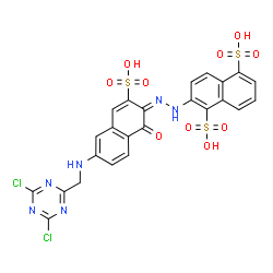 ChemSpider 2D Image | 2-{(2E)-2-[6-{[(4,6-Dichloro-1,3,5-triazin-2-yl)methyl]amino}-1-oxo-3-sulfo-2(1H)-naphthalenylidene]hydrazino}-1,5-naphthalenedisulfonic acid | C24H16Cl2N6O10S3