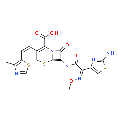 ChemSpider 2D Image | (6R)-7-{[(2Z)-2-(2-Amino-1,3-thiazol-4-yl)-2-(methoxyimino)acetyl]amino}-3-[(Z)-2-(4-methyl-1,3-thiazol-5-yl)vinyl]-8-oxo-5-thia-1-azabicyclo[4.2.0]oct-2-ene-2-carboxylic acid | C19H18N6O5S3