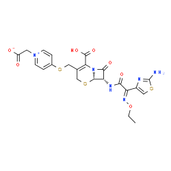 ChemSpider 2D Image | [4-({[(6S,7S)-7-{[(2E)-2-(2-Amino-1,3-thiazol-4-yl)-2-(ethoxyimino)acetyl]amino}-2-carboxy-8-oxo-5-thia-1-azabicyclo[4.2.0]oct-2-en-3-yl]methyl}sulfanyl)-1-pyridiniumyl]acetate | C22H22N6O7S3