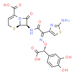 ChemSpider 2D Image | (6R,7R)-7-{[(2E)-2-(2-Amino-1,3-thiazol-4-yl)-2-{[(R)-carboxy(3,4-dihydroxyphenyl)methoxy]imino}acetyl]amino}-8-oxo-5-thia-1-azabicyclo[4.2.0]oct-2-ene-2-carboxylic acid | C20H17N5O9S2