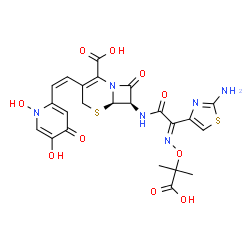 ChemSpider 2D Image | (6R,7R)-7-{[(2E)-2-(2-Amino-1,3-thiazol-4-yl)-2-{[(2-carboxy-2-propanyl)oxy]imino}acetyl]amino}-3-[(Z)-2-(1,5-dihydroxy-4-oxo-1,4-dihydro-2-pyridinyl)vinyl]-8-oxo-5-thia-1-azabicyclo[4.2.0]oct-2-ene-2
-carboxylic acid | C23H22N6O10S2