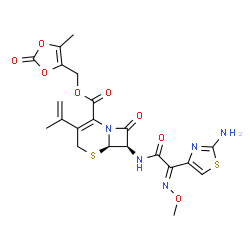 ChemSpider 2D Image | (5-Methyl-2-oxo-1,3-dioxol-4-yl)methyl (6R,7R)-7-{[(2E)-2-(2-amino-1,3-thiazol-4-yl)-2-(methoxyimino)acetyl]amino}-3-isopropenyl-8-oxo-5-thia-1-azabicyclo[4.2.0]oct-2-ene-2-carboxylate | C21H21N5O8S2