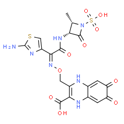 ChemSpider 2D Image | 3-[({(Z)-[1-(2-Amino-1,3-thiazol-4-yl)-2-{[(2S,3R)-2-methyl-4-oxo-1-sulfo-3-azetidinyl]amino}-2-oxoethylidene]amino}oxy)methyl]-6,7-dioxo-1,4,6,7-tetrahydro-2-quinoxalinecarboxylic acid | C19H17N7O10S2