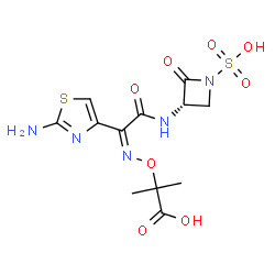 ChemSpider 2D Image | 2-({(Z)-[1-(2-Amino-1,3-thiazol-4-yl)-2-oxo-2-{[(3S)-2-oxo-1-sulfo-3-azetidinyl]amino}ethylidene]amino}oxy)-2-methylpropanoic acid | C12H15N5O8S2
