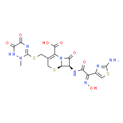 ChemSpider 2D Image | (6R,7R)-7-{[(2E)-2-(2-Amino-1,3-thiazol-4-yl)-2-(hydroxyimino)acetyl]amino}-3-{[(2-methyl-5,6-dioxo-1,2,5,6-tetrahydro-1,2,4-triazin-3-yl)sulfanyl]methyl}-8-oxo-5-thia-1-azabicyclo[4.2.0]oct-2-ene-2-c
arboxylic acid | C17H16N8O7S3