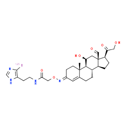ChemSpider 2D Image | 2-({(E)-[(3E,11beta)-11,21-Dihydroxy-18,20-dioxopregn-4-en-3-ylidene]amino}oxy)-N-{2-[4-(~125~I)iodo-1H-imidazol-5-yl]ethyl}acetamide | C28H37125IN4O6