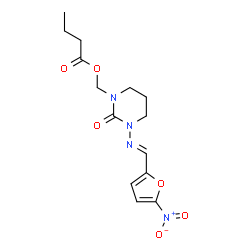 ChemSpider 2D Image | [3-{(E)-[(5-Nitro-2-furyl)methylene]amino}-2-oxotetrahydro-1(2H)-pyrimidinyl]methyl butyrate | C14H18N4O6