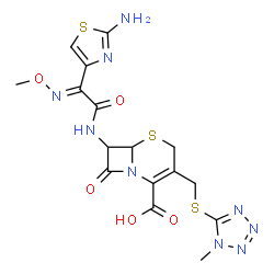 ChemSpider 2D Image | 7-{[(2E)-2-(2-Amino-1,3-thiazol-4-yl)-2-(methoxyimino)acetyl]amino}-3-{[(1-methyl-1H-tetrazol-5-yl)sulfanyl]methyl}-8-oxo-5-thia-1-azabicyclo[4.2.0]oct-2-ene-2-carboxylic acid | C16H17N9O5S3
