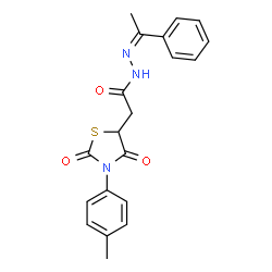 ChemSpider 2D Image | 2-[3-(4-Methylphenyl)-2,4-dioxo-1,3-thiazolidin-5-yl]-N'-[(1Z)-1-phenylethylidene]acetohydrazide | C20H19N3O3S