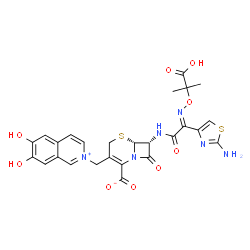 ChemSpider 2D Image | (6R,7R)-7-{[(2E)-2-(2-Amino-1,3-thiazol-4-yl)-2-{[(2-carboxy-2-propanyl)oxy]imino}acetyl]amino}-3-[(6,7-dihydroxy-2-isoquinoliniumyl)methyl]-8-oxo-5-thia-1-azabicyclo[4.2.0]oct-2-ene-2-carboxylate | C26H24N6O9S2