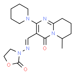 ChemSpider 2D Image | 6-Methyl-3-((2-oxo-3-oxazolidinyl)iminomethyl)-2-(1-piperidinyl)-6,7,8,9-tetrahydro-4H-pyrido(1,2-a)pyrimidin-4-one | C18H25N5O3